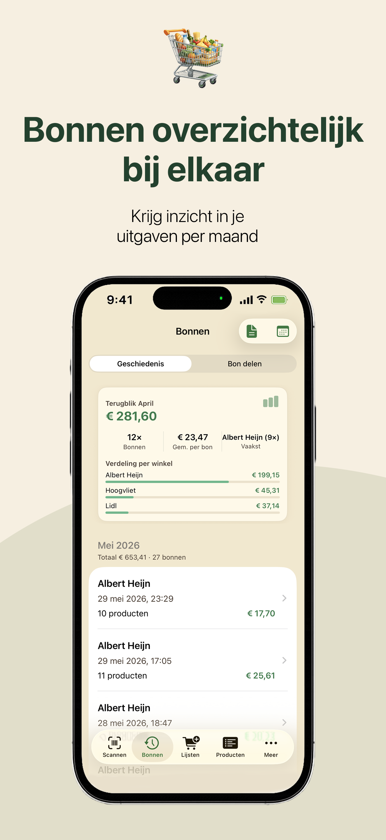 Overzicht van eerdere kassabonnen met totalen per maand en per supermarkt