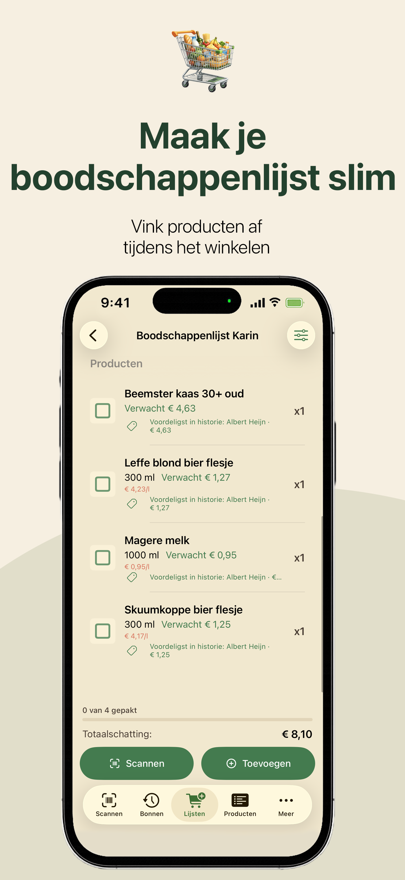 Boodschappenlijst in de app met producten, verwachte prijzen en een aftotaal