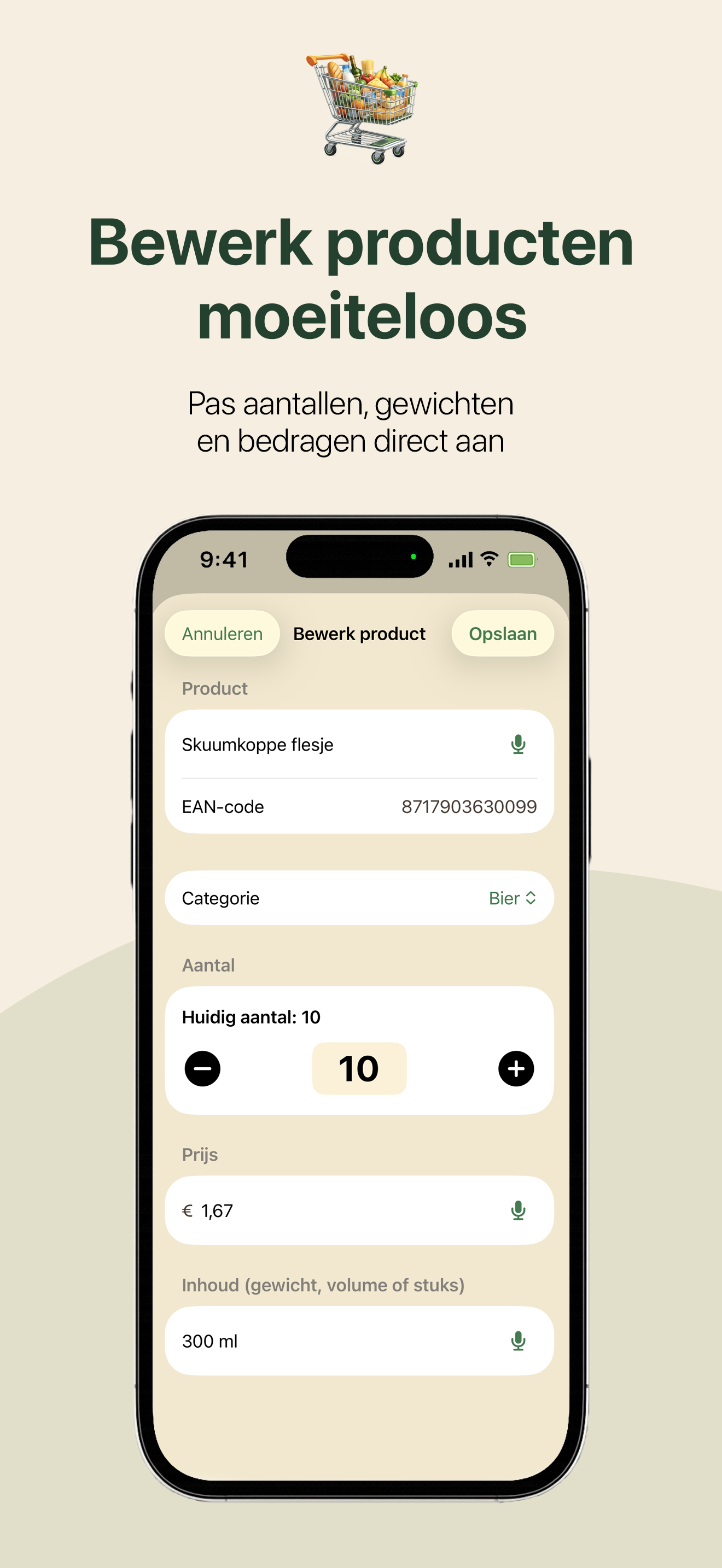 Productgegevens bewerken in de app: aantal, prijs en inhoud aanpassen