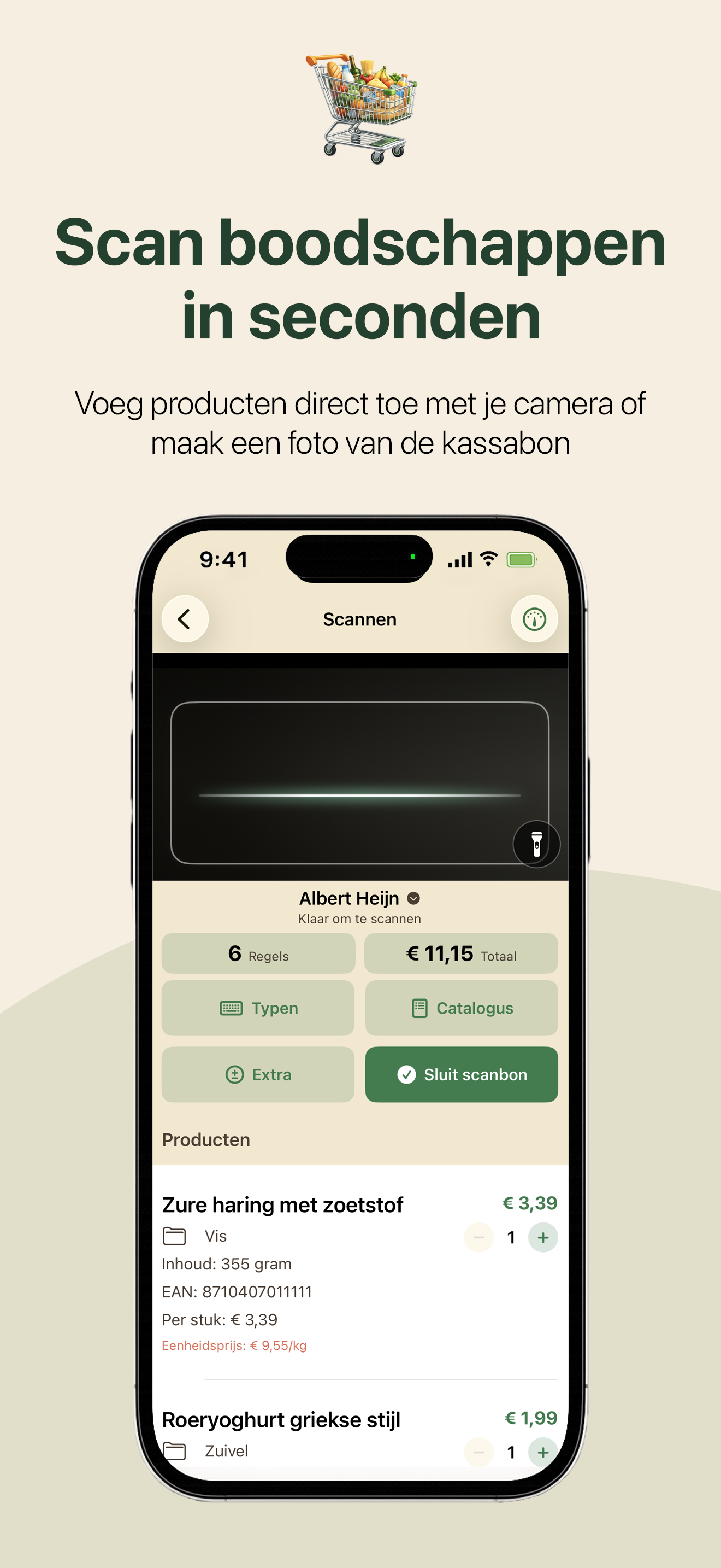 BoodschappenScan-app tijdens het scannen van een boodschap, met de herkende producten en het lopende totaalbedrag